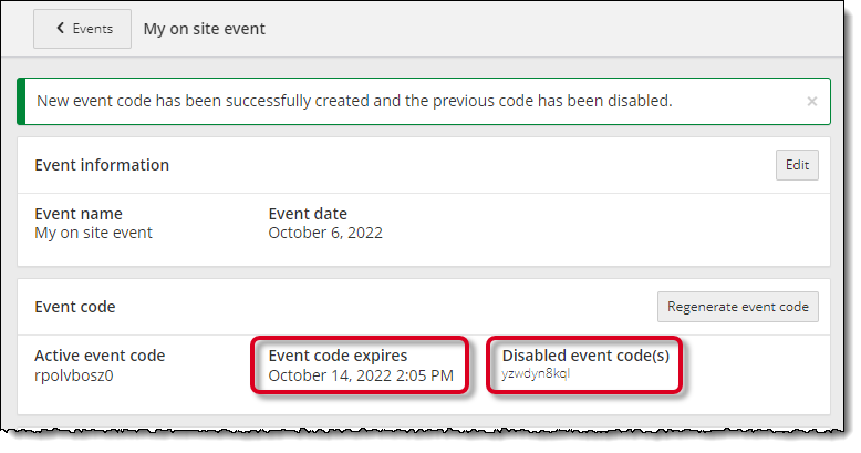 Event code regenerated and previous event code is disabled.